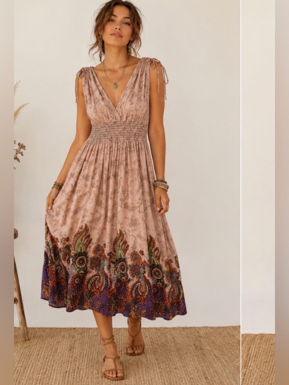 WinWin Light Pink Paisley Sleeveless Bohemian Earthy Midi Dress Small/Medium